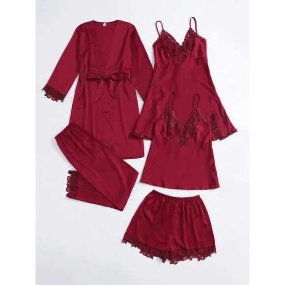 Fefi 5pcs Satin Contrast Lace Belted Night Set - Picture 3 of 8